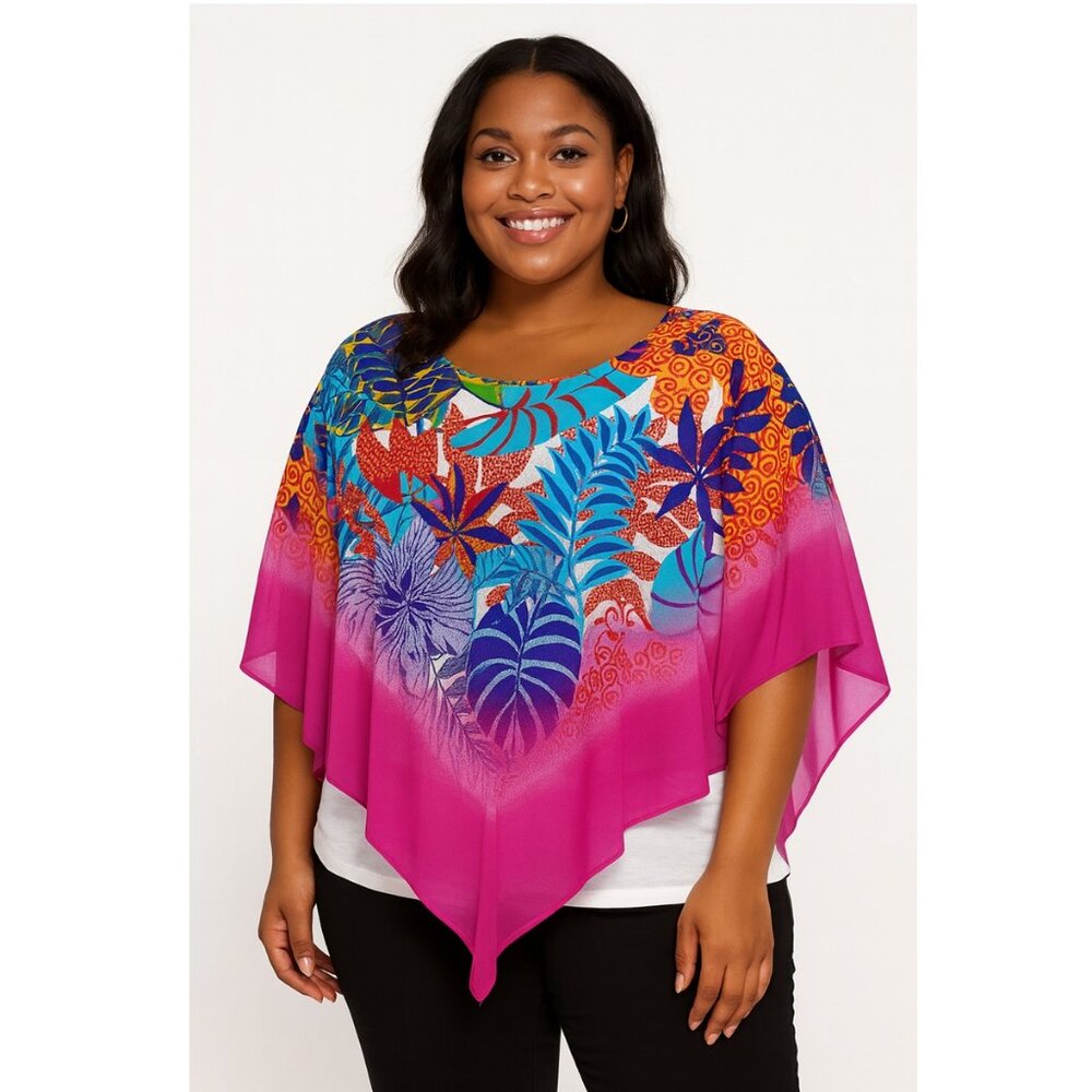 Plus Size Top Poncho Style Blouse Botanical Print Round Neck 3/4 sleeve